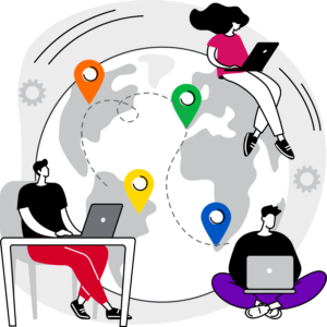 A colorful illustration showing a team of three people working across the globe, plotting worldwide domination!