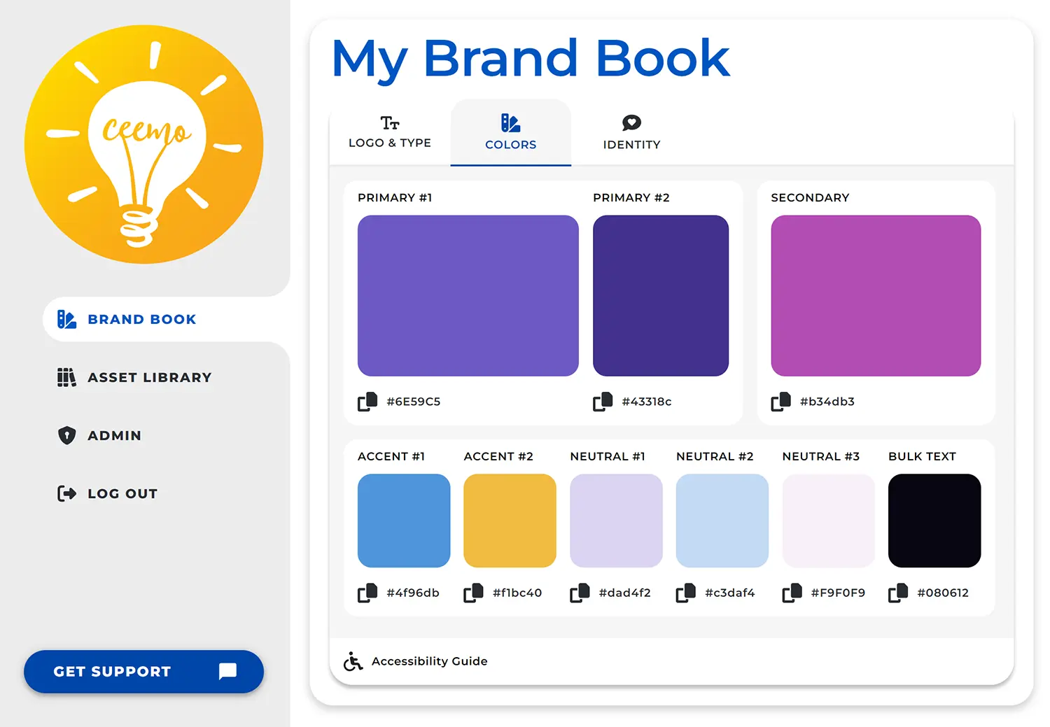 A screenshot of a sample Ceemo Brand Book, showing a Ceemo color scheme. The color scheme is organized as a series of blocks, showcasing your Primary 1, Primary 2, and Secondary colors on the top row. On the second row are the Accent 1, Accent 2, Neutral 1, Neutral 2, Neutral 3, and Bulk Text colors. Beneath each color block is the color hex code for that color. This sample image is used to illustrate the types of colors in a Ceemo color scheme, and make it easier to explain the rules behind each type of color in your scheme.