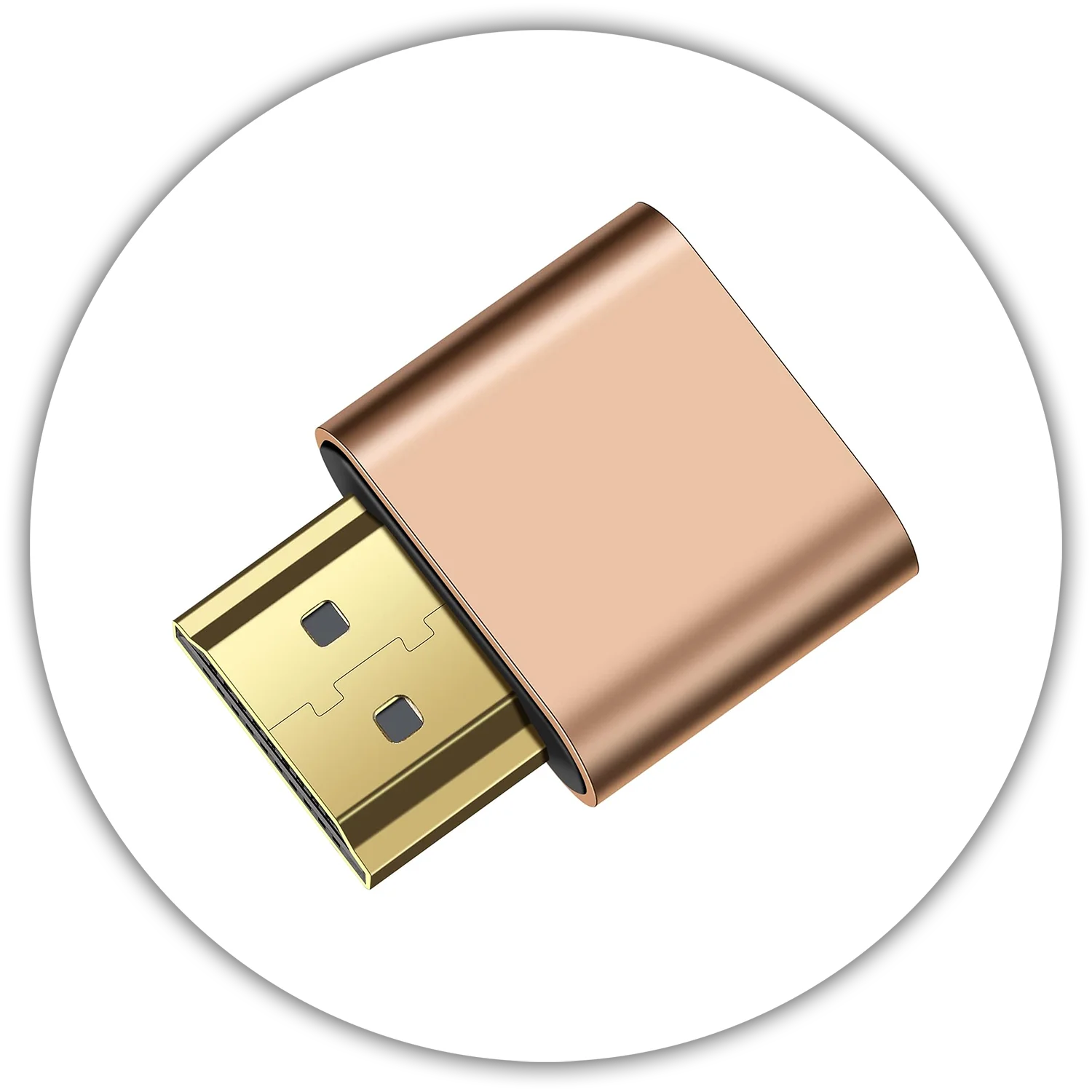 An image of a small rose gold colored HDMI dongle.