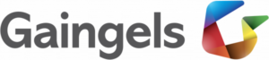 The Gaingels logo, with their wordmark spelled out in a sans serif font, and a decorative angular rainbow G icon to the right.