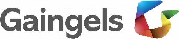 The Gaingels logo, with their wordmark spelled out in a sans serif font, and a decorative angular rainbow G icon to the right.