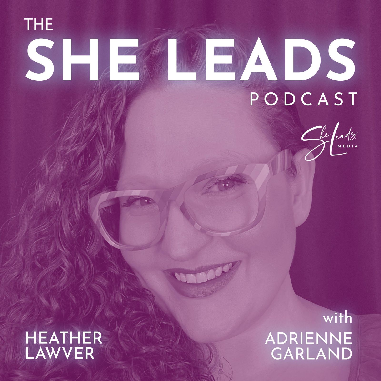 A stylized portrait of Ceemo's founder, Heather Lawver, a white woman with excessively curly hair, wearing rainbow striped glasses, smiling broadly at the viewer. Above Heather is the logo of The She Leads Podcast with Adrienne Garland, created by She Leads Media. 