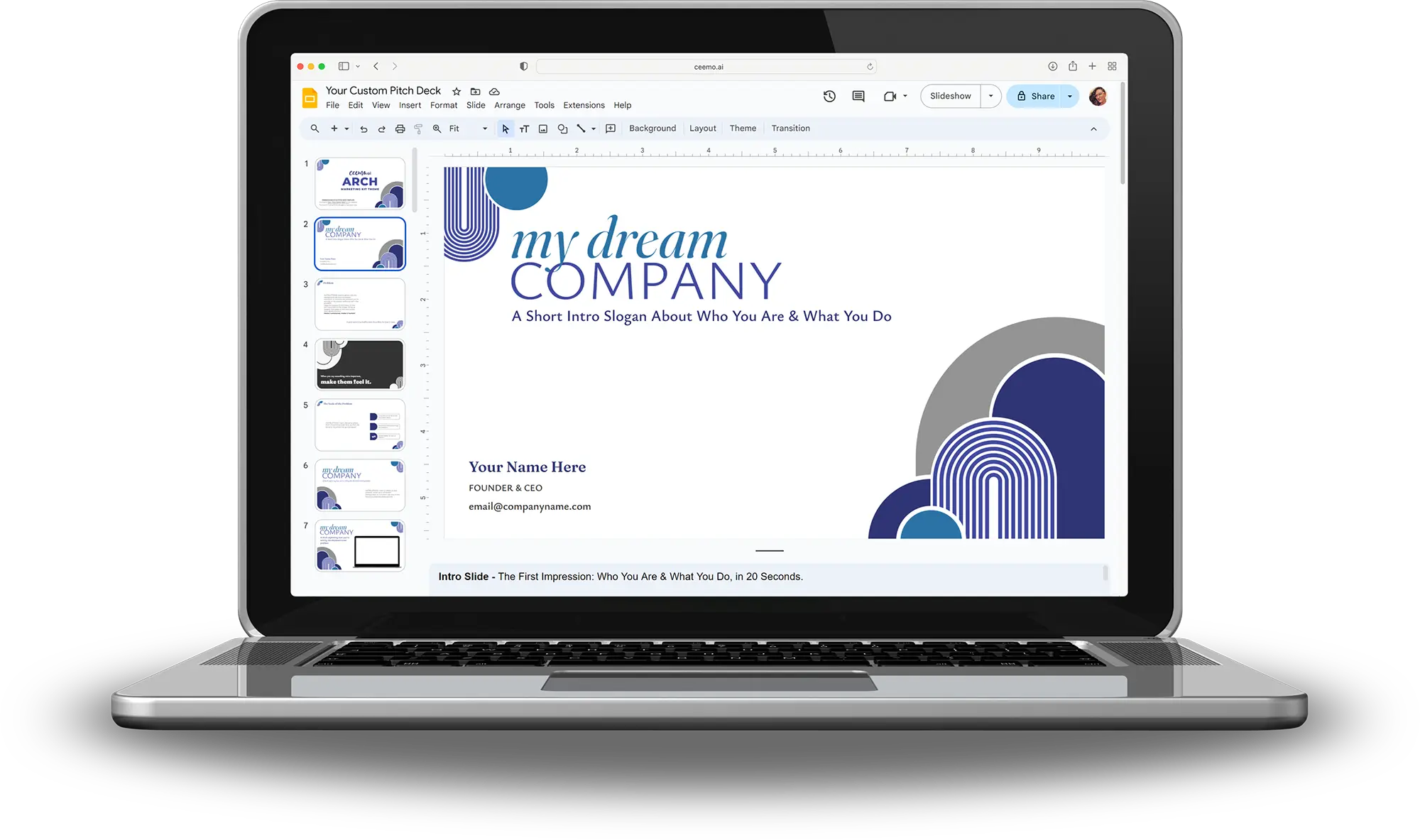 A shiny new laptop showing a beautifully customized pitch deck template created by Ceemo.ai.