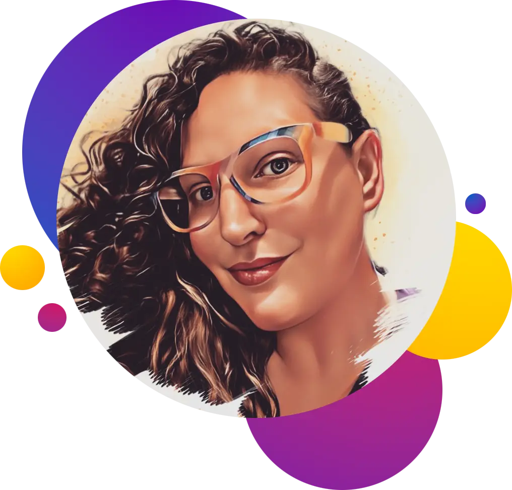 Ceemo's founder, Heather Lawver, in an illustrated portrait. Heather is a white woman with excessively curly reddish brown hair, wearing red lipstick and rainbow-striped glasses.